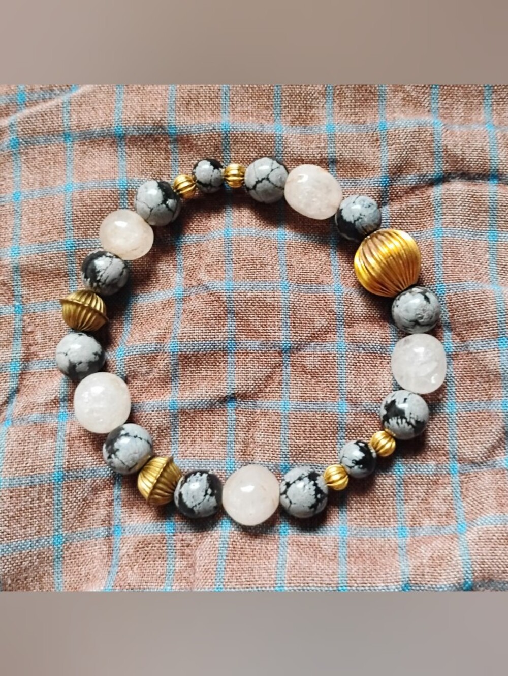 Snowflake Obsidian, Quartz, and Brass Handmade Bracelet